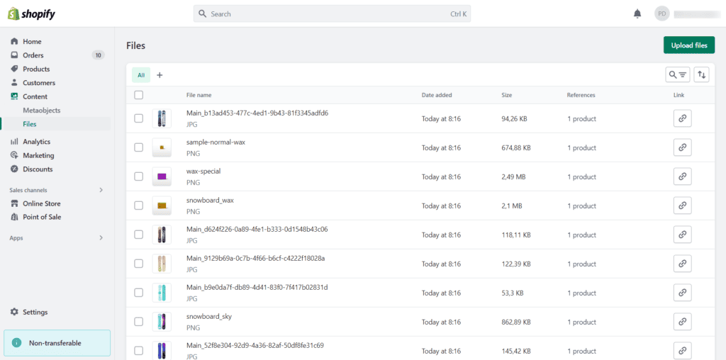 screenshot of shopify backend admin